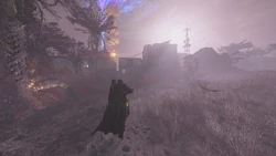 A Helldiver advances towards an occupied urban settlement in Alamak VII, now under the omen glow of a . March 28th, 2185.