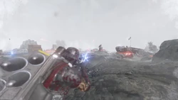 A Helldiver battles against the Automatons in the fields of Lesath. The Helldiver Statue on the right is the only remnant of a once vibrant civilian settlement. January 30th, 2185.