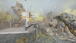 A Helldiver surveys an urban settlement on Crimsica. August 13th, 2185.