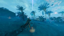 A Helldiver advances towards an abandoned urban settlement on Alairt III, used by the Illuminate to install a 