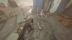 A Helldiver inspects the remains of some 