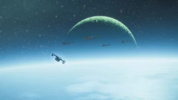 A Pelican shuttle carries a squad of Helldivers back to their  waiting in orbit over Alairt III.