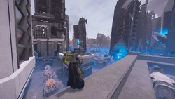 A Helldiver surveys the unauthorized xenostructures built on the settlement of No Compound by the Illuminate invaders after the planet's defenses collapsed. July 25th, 2185.