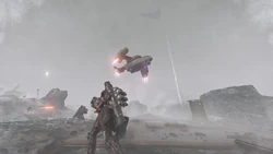 A Pelican shuttle arrives to extract a squad of Helldivers after successfully completing their mission. October 2nd, 2185.