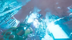 A Helldiver shoots down an Illuminate  over a street in Ungu during one of its strafing runs