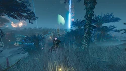 A Helldiver descends from a nearby hill onto an urban settlement occupied by the Illuminate