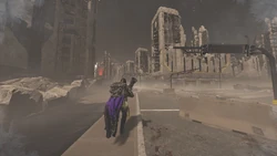 A Helldiver advances through the wrecked streets of Quasar in the midst of the counterattack against the 