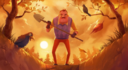 Concept art with Mr. Peterson holding a shovel.