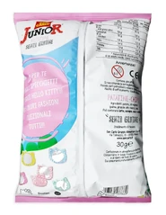 The back of the chip bag that advertises the Hello Kitty magnets in the bag and the colors you can get