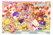 A post card shows Pokopon, Tuxedo Sam, Keroppi, Tabo, Hello Kitty, and Vaudeville Duo visiting Candy Factory