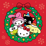 With Keroppi, My Melody, Pompompurin, Hello Kitty (Christmas). Chococat can be seen above Pompompurin.