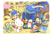 A post card of Keroppi, Hello Kitty, Tuxedo Sam, Tabo, Stillsmall Tales, and Vaudeville Duo visiting Ice Cream Factory
