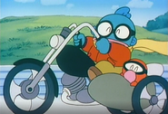 Hangyobike.png (1.95 MB) Hangyodon and Sayuri as they appear in Sam to Chip no wa Hachamecha Dai Race