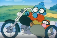 Hangyodon and Sayuri as they appear in Sam to Chip no wa Hachamecha Dai Race.