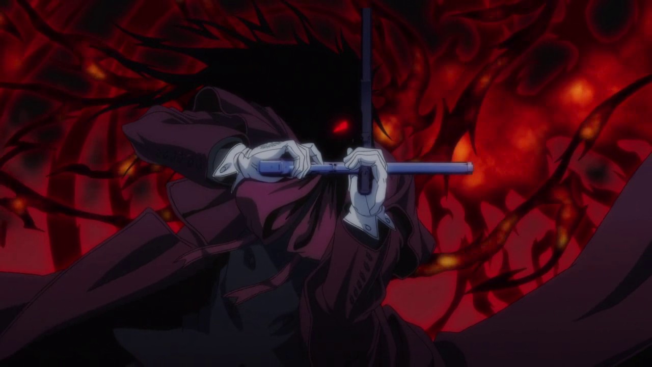 Hellsing, Alucard, anime, dark, red eyes, glowing eyes, gun, HD