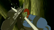 Trap Jaw biting a sword in half.