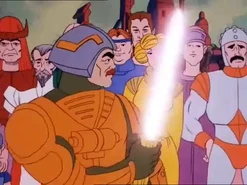 Man-At-Arms activates his sword in A Beastly Sideshow
