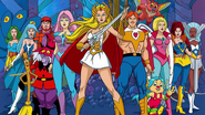 Left to right: Peekablue, Frosta, Broom, Sea Hawk, Madame Razz, Glimmer, She-Ra, Bow, Kowl, Loo-Kee, Angella, Castaspella and Netossa