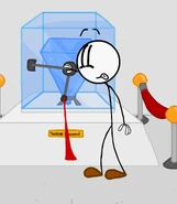 Henry gets hit by the laser cutter's laser.
