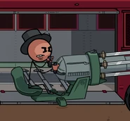 Fred Worst in a bus shooting Henry and Ellie Rose with a sword launcher.