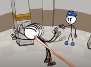 Pointing his gun towards Henry as he dodges Captain Ed Robers' bullets