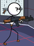 Henry using the Underbarrel Grenade Launcher implemented on an assault rifle, inside the armory