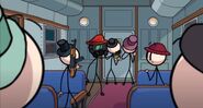 Grunt, Snowcap, Martin, Larry, Bartolomeo, and Mr. Teal stuck inside the train