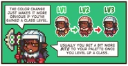 The change in colour of clothes indicate the level status of the class