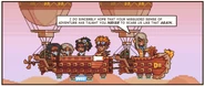 The party finally escaping the dungeon by airship with Delhara, Joni and Sari on life support and Jake in a cast