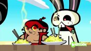 Mighty Ray eating rice with Jumpy