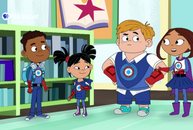 to the left) the protagonist of a kids show named super why (to