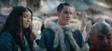 Aang, Katara and Sokka notice Momo playing with ash and snow.