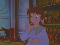 Clara fearing for the Nutcracker's life during his battle with the Mouse King.