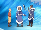 Aang meeting Sokka and Katara for the first time.