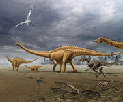 Allosaurus attacks a herd of Diplodocus