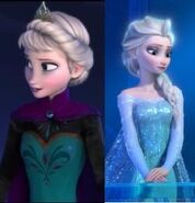 Elsa in her normal royal attire (left), and in her "Snow Queen" dress (right)