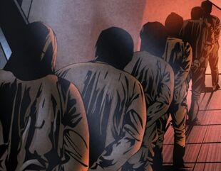 From up to down are a hooded Matt, a hooded female fugitive, a hooded fugitive, a hooded Mohinder, a hooded Peter and a hooded fugitive