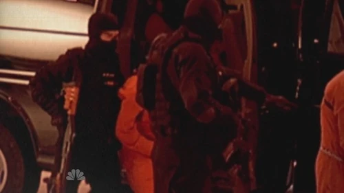 A hooded female fugitive is dragged out of the van