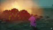 Courage going to the flaming pile of Scooby Snacks.