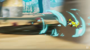 SpongeBob being sent flying by Super Friends Aquaman's water-charged punch.