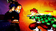 Jonathan being cut off from attacking by Tanjiro's flurry of fiery slashes.