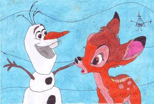 Bambi meeting Olaf for the first time in "Bambi the Red-Nosed Deer".