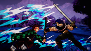 Jonathan using Hamon to block Tanjiro's blade with his hand.