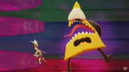 Discord being shocked after Bill turns into a giant monster with a long tongue.