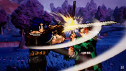 Jonathan swinging his sword while Tanjiro blocks.