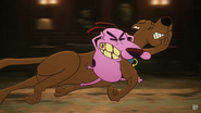 Courage regrettably but purposefully trips Scooby-Doo.