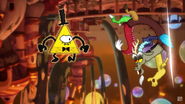 Discord reappearing behind Bill through a tear in reality.