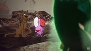 Courage and Scooby-Doo noticing the monster having caught up to them.