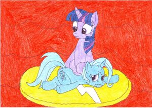 Twilight and Trixie on a electric-construct platform created by Shadow Joe in "Trigon's Terror".