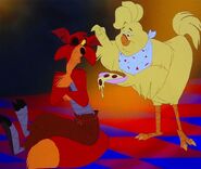 Foxy is surprised to see Chica carries a pizza in her hand